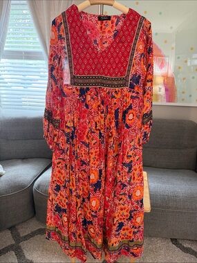 Bohemian Red Floral Long Sleeve Midi Dress